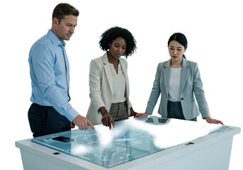 Diverse business professionals collaborate around an interactive digital display table in a modern, bright office, strategizing future growth. Strategic business planning