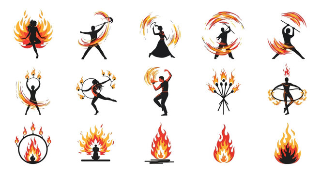Vector Icons Set of Dynamic Fire Show Performers A Vector Icon Set of Dancers and Juggler Silhouettes. Vector Illustrations. EPS Editable
