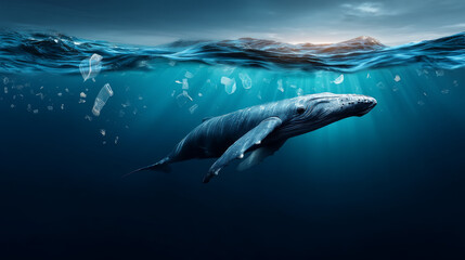 Fototapeta premium Plastic pollution in the ocean is an environmental problem. Whales swim among plastic waste in the ocean. A global problem, a threat to ocean wildlife and calling for urgent action to protect