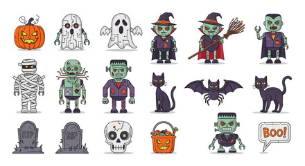 Obraz premium Vector Icons Set of Futuristic Frights A Cartoon Set of Robotic Halloween Monsters and Icons. Vector Illustrations. EPS Editable