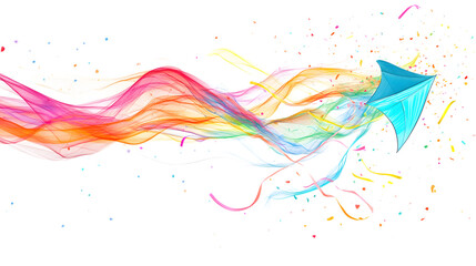 Fototapeta premium Abstract kite soaring with vibrant rainbow colors and confetti, celebrating joy and freedom isolated on white background