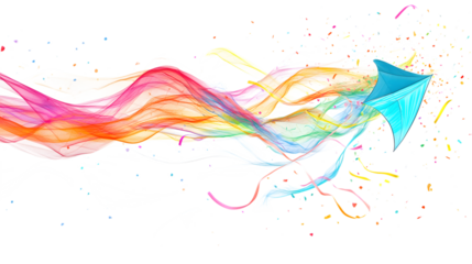 Abstract kite soaring with vibrant rainbow colors and confetti, celebrating joy and freedom isolated on white background