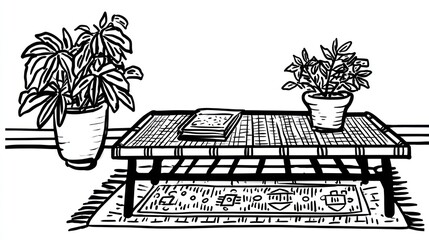 A simple room scene with plants and a low table