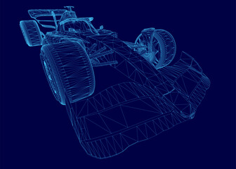 A sleek Formula 1 car rendered as a 3D wireframe model stands out against a vibrant blue background. The detailed mesh structure highlights the car's aerodynamic design and sporty silhouette.
