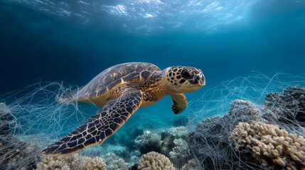 Obraz premium Plastic pollution in the ocean is an environmental problem. Sea Turtle trapped on a loose fishing net A global problem, threatening ocean wildlife