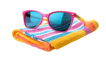Vibrant pink sunglasses resting on colorful beach towel, perfect for summer relaxation and fun isolated on white background