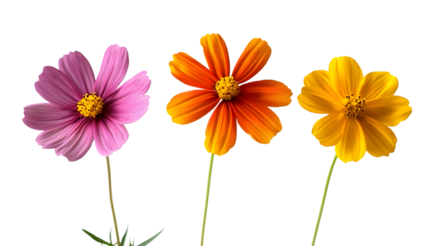 Vibrant trio of cosmos flowers in pink, orange, and yellow, perfect for spring designs isolated on white background