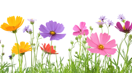 Vibrant cosmos flowers blooming in a sunny garden, perfect for spring and summer designs isolated on white background