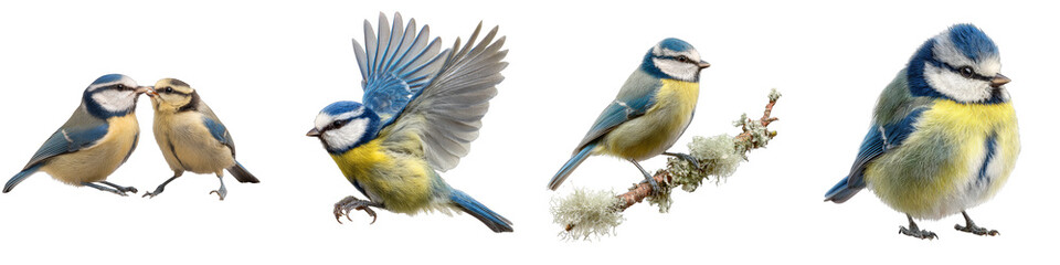 Blue tit birds perched interacting flying and standing on transparent background