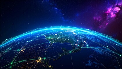 Global network connections illuminated across the earth's surface, showcasing international communication and transportation routes.