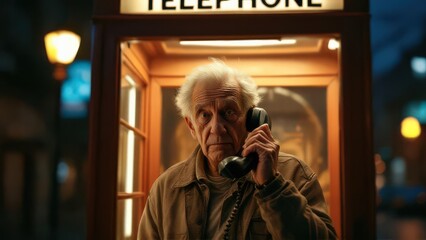 Older man makes an important phone call in a vintage telephone booth at night
