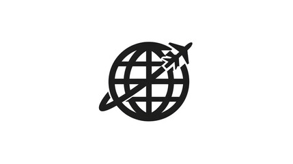 Flat black icon of globe with airplane orbiting, isolated on white