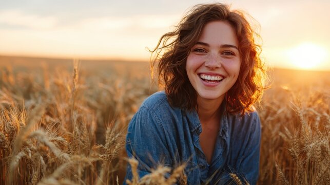 A cheerful young woman radiantly smiles in a sunlit wheat field during sunset, embodying the essence of happiness and freedom, encapsulated by the warm and inviting atmosphere around her.