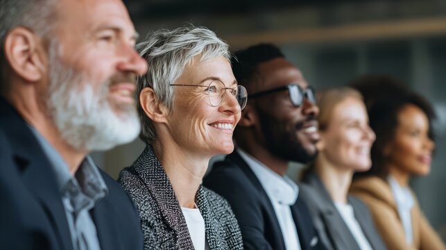 Senior businesswoman smiling in meeting, side profile in a bright modern office