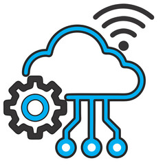 Cloud Computing Technology Icon – Gear, Wi-Fi, and Circuit Connections in Blue, Black and White Vector