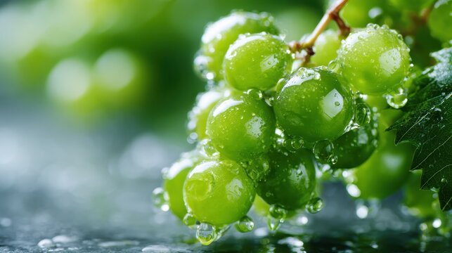 A close-up view of dewy green grapes accentuated with droplets of water, showcasing their fresh appeal and inviting nature that reflects vitality.