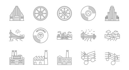 Vector Icons Set of Motor City Legacy A Collection of DetroitThemed Minimalist Line Art Icons. Vector Illustrations. EPS Editable