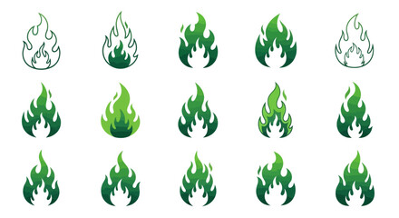 Vector Icons Set of Mystical Green Fire A Versatile Collection of Stylized Flame Logo Icons. Vector Illustrations. EPS Editable