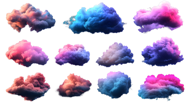 Colorful cloudscape collection for imaginative designs and whimsical creative projects with vibrant hues isolated on white background