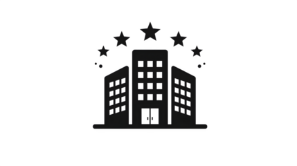 Flat black icon of hotel building with stars, isolated on white