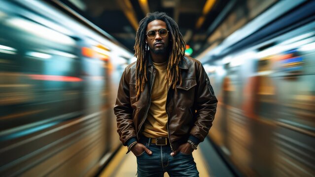 Stylish man with dreadlocks wearing a leather jacket on a subway platform with blurred train behind him - Powered by Adobe
