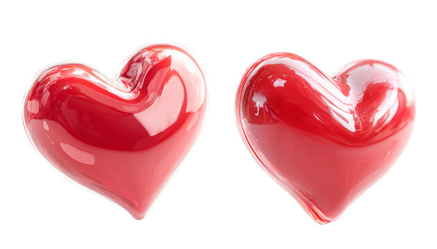 3D render Two glossy red hearts are placed side by side against a transparent background, Ideal for Valentine's Day promotions isolated on transparency PNG background, romantic cards