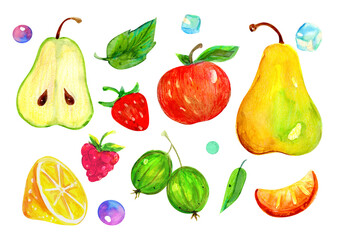 Set of watercolor illustrations with fresh fruits: pears, apple, raspberry, lemon, mandarin, lemon, gooseberry and ice cubes. Transparent background. PNG.