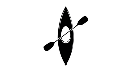 Flat black icon of kayak and paddle, isolated on white