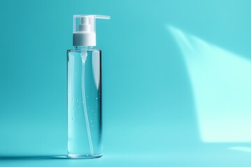 Bottle with pump and gel on blue background