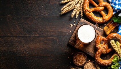 Traditional beer and pretzel pairing oktoberfest celebration food photography rustic setting top-down view cultural experience