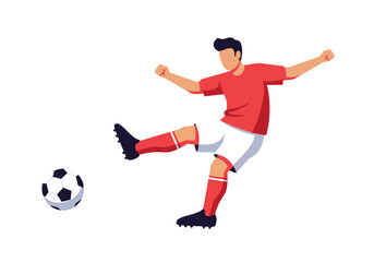 Soccer Player Kicking Ball with Red Jersey and White Shorts Illustration