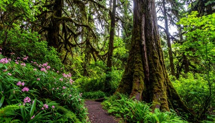 Obraz premium Lush, verdant forest path winds through a dense canopy of ancient trees, showcasing vibrant pink flowers and moss-covered giants.
