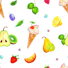 Fruit cocktail - seamless watercolor pattern with ice cream. Transparent background. PNG.