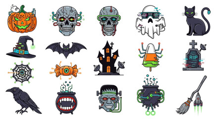 Vector Icons Set of Vibrant Cyberpunk Halloween Icons Robotic Skulls Glitch Ghost and Tech Treats. Vector Illustrations. EPS Editable