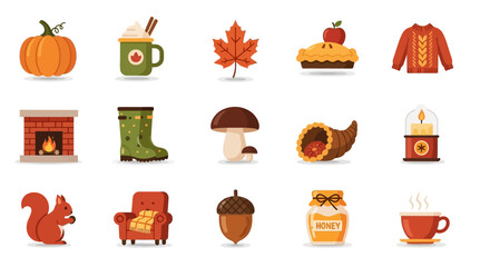 Vector Icons Set of Vibrant Flat Design Icon Set of Cozy Autumn Symbols and Comforts. Vector Illustrations. EPS Editable
