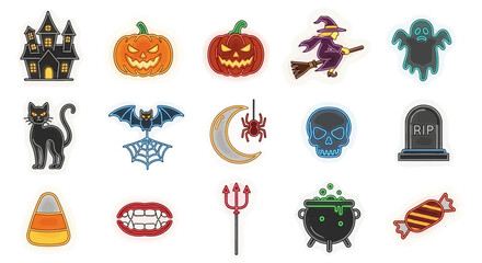 Vector Icons Set of Vibrant Halloween Icon Set with Luminous Neon Glow Effect on White. Vector Illustrations. EPS Editable