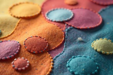 Linen fabric with round stitch patches, close-up , background, patchwork