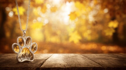 A vibrant paw print pendant on a rustic table, honoring World Animal Day with warmth and nature.
