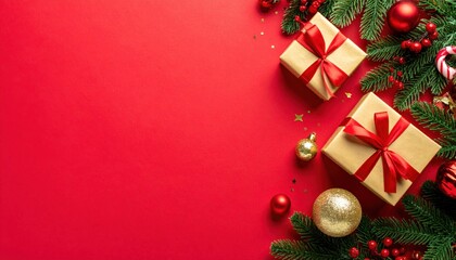 Festive gift presentation holiday season still life vibrant red background overhead view celebration of christmas cheer