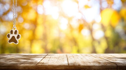 A vibrant paw print pendant on a rustic table, honoring World Animal Day with warmth and nature.

