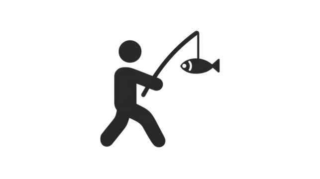 Flat black icon of person reeling in fish, isolated on white