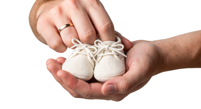 Hands holding tiny baby shoes symbolizing parenthood and love  