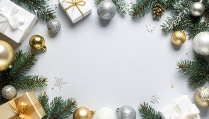 Gift-wrapped holiday celebration festive setting decorative arrangement winter wonderland overhead view christmas concept