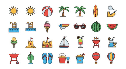 Vector Icons Set of Vibrant Summer Vacation and Beach Activity Icon Set with Colorful Flat Line Art. Vector Illustrations. EPS Editable