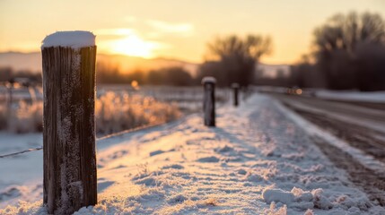 Frosted Country Road under Colorful Twilight Sky, Minimalist Winter Scene for Book Cover Design.