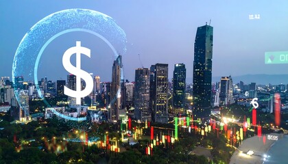 A cityscape at twilight, illuminated by financial data overlaid with a dollar sign graphic, showcasing the interaction of technology and urban areas.