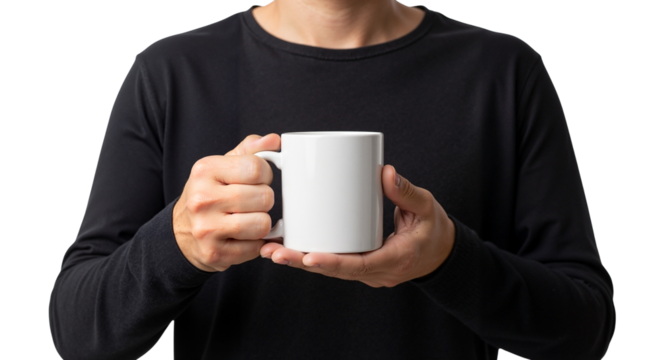 Man holding a white mug with both hands on a transparent background