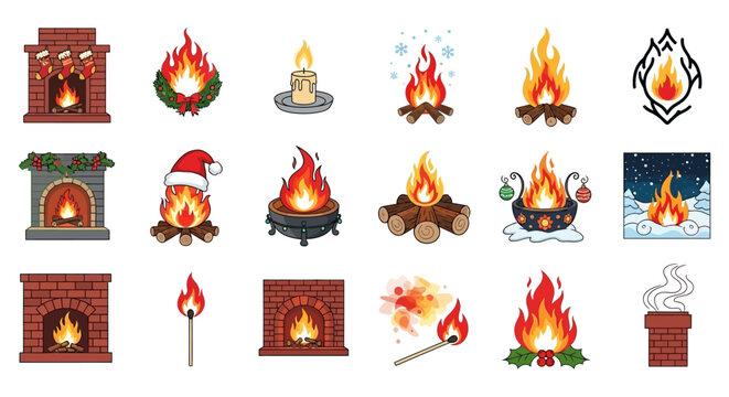 Vector Icons Set of A Cozy Collection of Cartoon Fire Fireplace and Holiday Warmth Illustrations. Vector Illustrations. EPS Editable