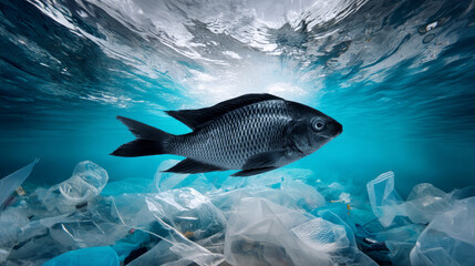 Naklejka premium Plastic trash. Conceptual image of fish and plastic. Plastic pollution of the ocean, ecological crisis. Say no to plastic. Single-use plastic waste
