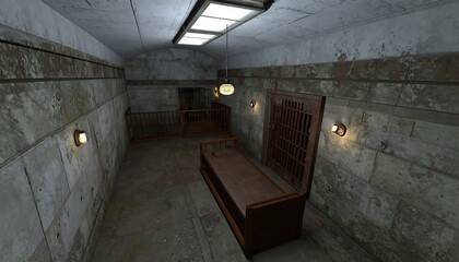 A dimly lit, stone-walled corridor features a barred cell door and a simple wooden bed, evoking a sense of confinement and isolation.